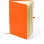 Gelinieerd A5-notitieboek met gerecyclede PU-omslag en leeslint kleur oranje vierde weergave
