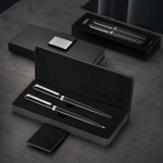 Set met balpen en rollerball van RVS met etui, blauwe inkt
