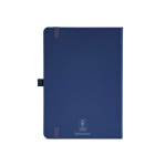 Gelinieerd A5-notitieboek van gerecycled kunstleer met elastiek kleur marineblauw achter weergave