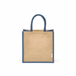 Gelamineerde jute boodschappentas met katoenen hengsels 16 L kleur marineblauw vooraanzicht