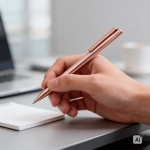 Metalen pen met glanzend gepolijste afwerking, clip en blauwe inkt kleur rose gold