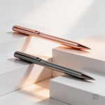 Metalen pen met glanzend gepolijste afwerking, clip en blauwe inkt kleur rose gold