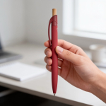 Gerecyclede aluminium pen met rubbercoating, clip en blauwe inkt kleur bordeaux