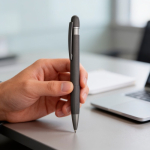 Aluminium balpen met rubbercoating en reliëfdetails, blauwe inkt kleur donkergrijs