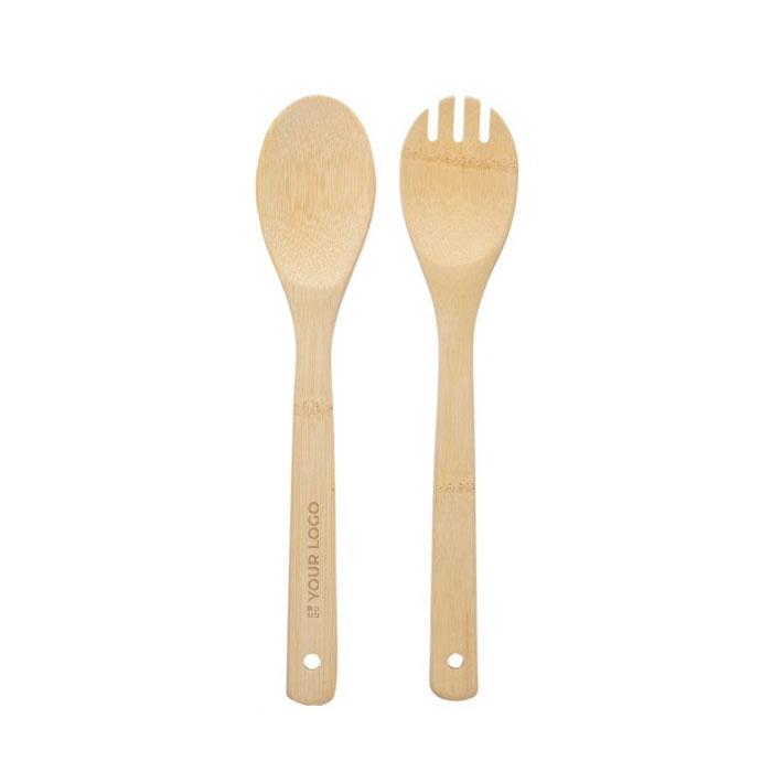 2 bamboe salade utensils met zak Bamboo