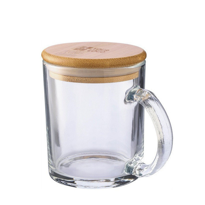 Mok met logo van gerecycled glas met bamboe deksel 300 ml
