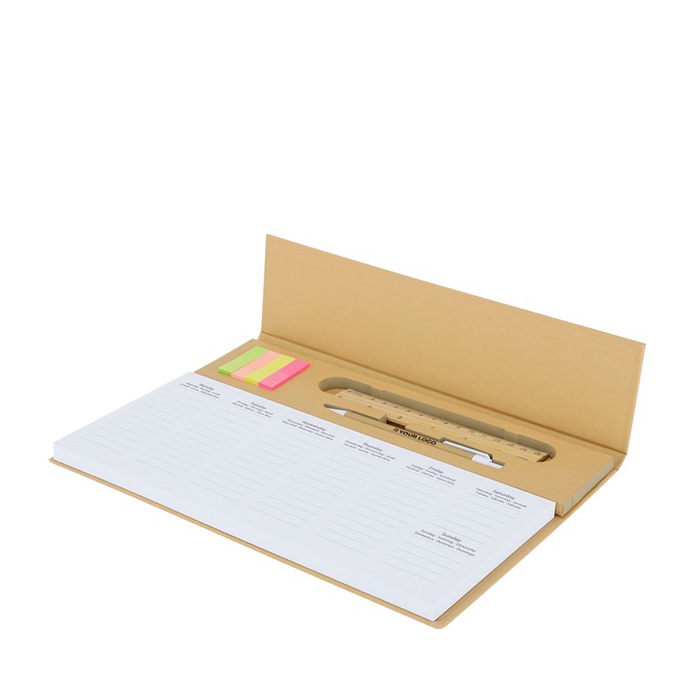 Weekplanner met pen met blauwe inkt, liniaal en stickers