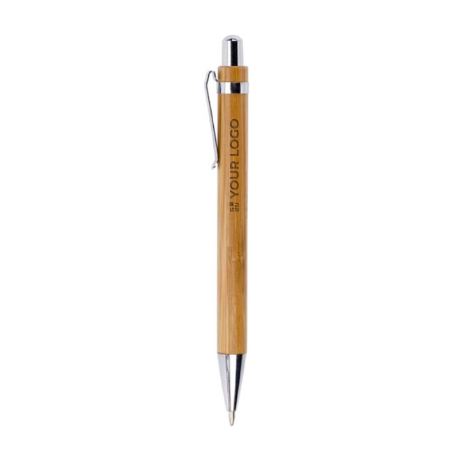Bamboe eco pen met verchroomde accessoire blauwe inkt Bamboo kleur bruin met jouw bedrukking