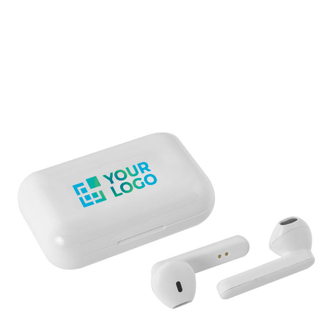 Twee 5.0 bluetooth doordopjes in doosje Ultimate kleur wit met afdrukgebied
