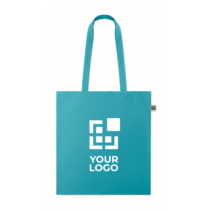 Fairtrade katoenen tas met lange hengsels in diverse kleuren 180g/m2 kleur turquoise weergave met bedrukking