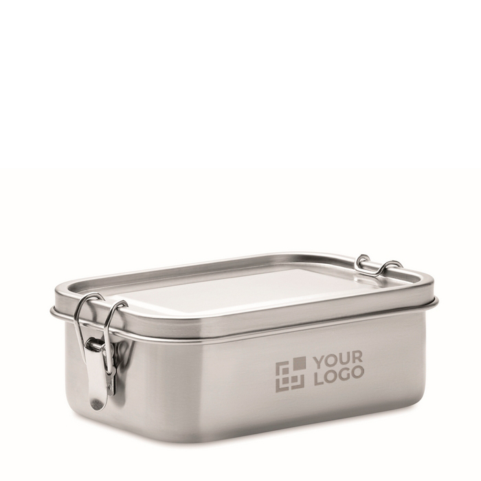 Lunchbox van gerecycled roestvrij staal met zijsluiting 750 ml kleur mat zilver weergave met bedrukking