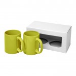 Cadeauset met twee bedrukte koffiebekers kleur limoen groen