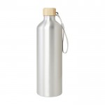 Grote gerecyclede aluminium fles met bamboe deksel en riem 1L kleur zilver tweede weergave voorkant