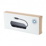 Hub van gerecycled plastic met HDMI-invoer- en uitvoerpoorten kleur zwart tweede weergave met doos