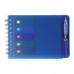 Bedrukt notitieboekje met pen en post-its kleur blauw tweede weergave voorkant