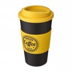 Bedrukte koffiebekers met grip kleur geel weergave druktechniek zeefdruk
