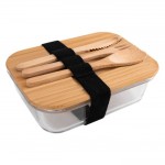 Glazen lunchbox met deksel en bamboe bestek kleur doorzichtig