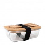 Glazen lunchbox met deksel en bamboe bestek weergave met jouw bedrukking