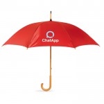 Te bedrukken paraplu van 23” met houten handvat kleur rood vierde weergave met logo