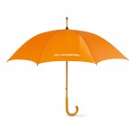 Te bedrukken paraplu van 23” met houten handvat kleur oranje vierde weergave met logo