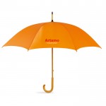 Te bedrukken paraplu van 23” met houten handvat kleur oranje bedrukt