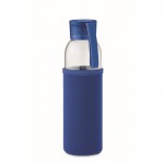 Fles met logo van gerecycled glas met deksel en anti-lekdop 500 ml kleur koningsblauw