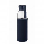 Fles met logo van gerecycled glas met deksel en anti-lekdop 500 ml kleur marineblauw