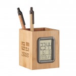 Bamboe pennenbak met LCD klok weergave met jouw bedrukking