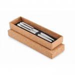 Metalen pen en roller in kurken doosje kleur matzilver