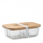Glazen lunchbox met 3 compartimenten en bamboe deksel 800ml weergave met bedrukking