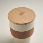Gerecyclede plastic beker bedrukken met kurklint en bamboe deksel 300ml kleur beige foto bekijken tweede weergave