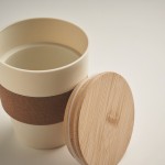 Gerecyclede plastic beker bedrukken met kurklint en bamboe deksel 300ml kleur beige foto bekijken derde weergave