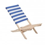 Opvouwbare houten strandstoel met lage zitting, maximaal gewicht 95 kg kleur wit/blauw