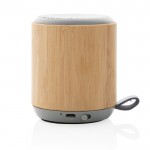 Ronde bamboe/stoffen speaker met logo kleur bruin vierde weergave