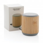 Ronde bamboe/stoffen speaker met logo kleur bruin weergave van doos