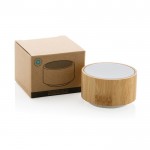 Draadloze ronde bamboe speaker met logo kleur wit weergave met doos