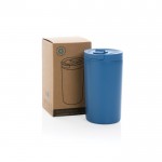 Thermische stalen mok met logo en hermetische sluiting kleur blauw weergave met doos