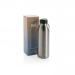 BPA-vrije thermische drinkfles met logo en draaglus kleur zilver weergave met doos
