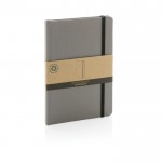 Duurzaam notitieboekje met logo en elastieksluiting kleur grijs weergave met doos