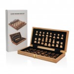 Houten, opvouwbaar schaakspel met logo kleur bruin weergave met doos