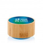 Draadloze ronde bamboe speaker met logo weergave met jouw bedrukking