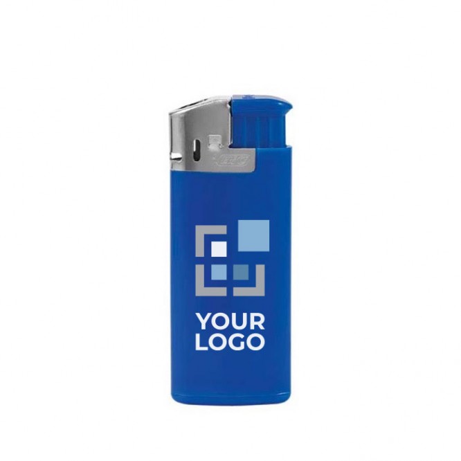Populaire elektronische BIC®-aansteker met logo kleur marineblauw weergave met bedrukt logo