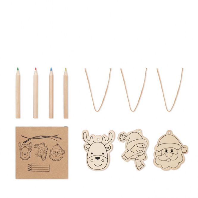 Set van 3 houten kerstversieringen en potloden