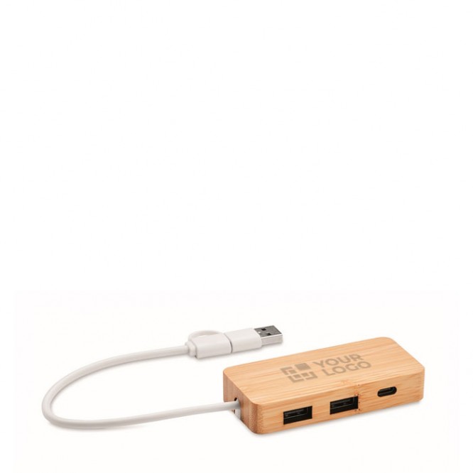 Bamboe USBhub met 3 poorten en kabel met een lengte van 20cm