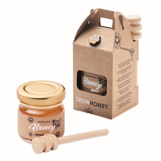 Bedrukt potje honing met honinglepel