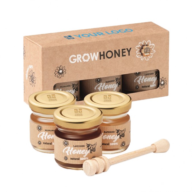 Zoet relatiegeschenk; potjes honing met dispenser