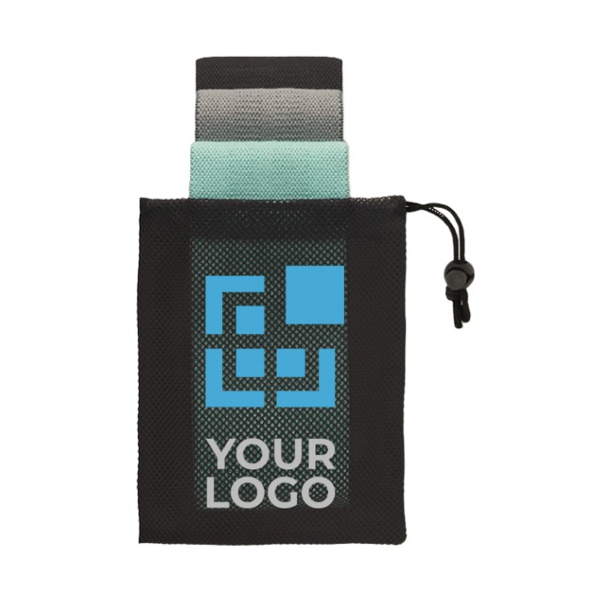 Drie fitnessbanden in tasje met logo kleur zwart