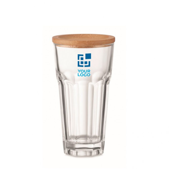Glazen met logo bedrukken met bamboe deksel kleur doorzichtig