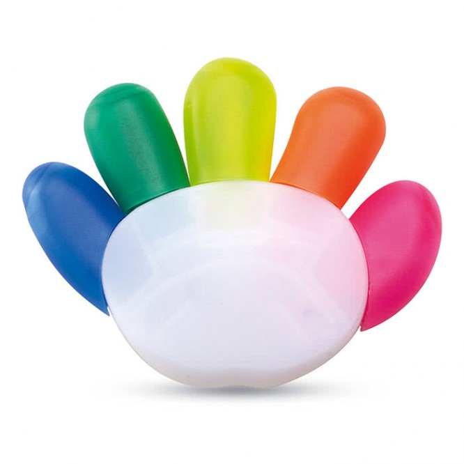Een hand met 5 fluor kleuren