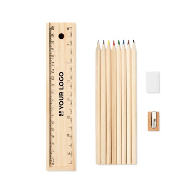 Set potloden, liniaal en gum in etui weergave met jouw bedrukking